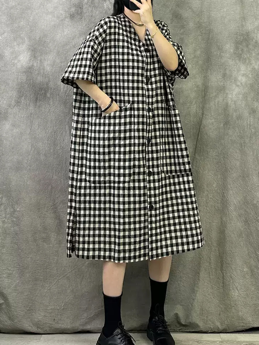Sommer V-Ausschnitt Kleid Frauen Plaid Vintage