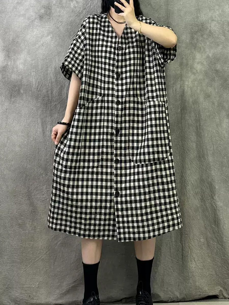 Sommer V-Ausschnitt Kleid Frauen Plaid Vintage