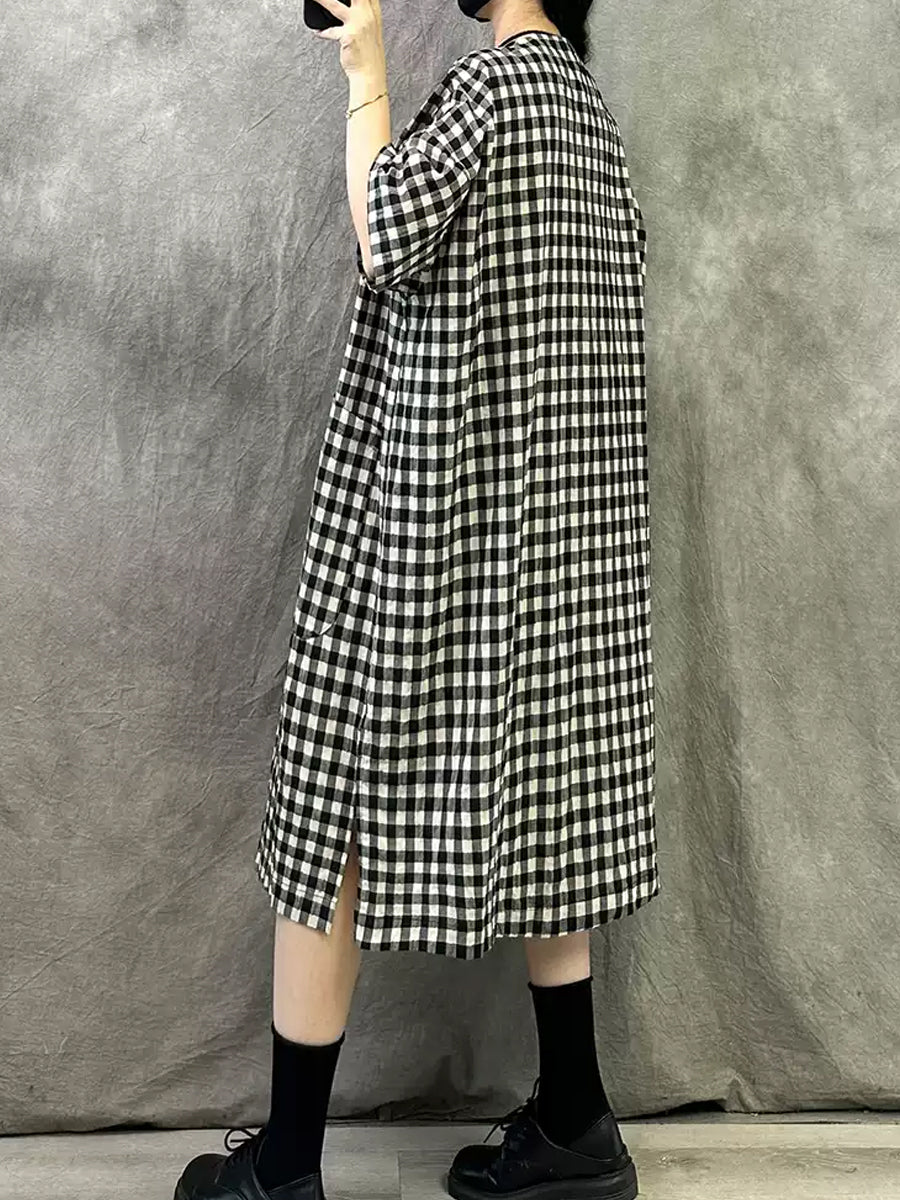Sommer V-Ausschnitt Kleid Frauen Plaid Vintage