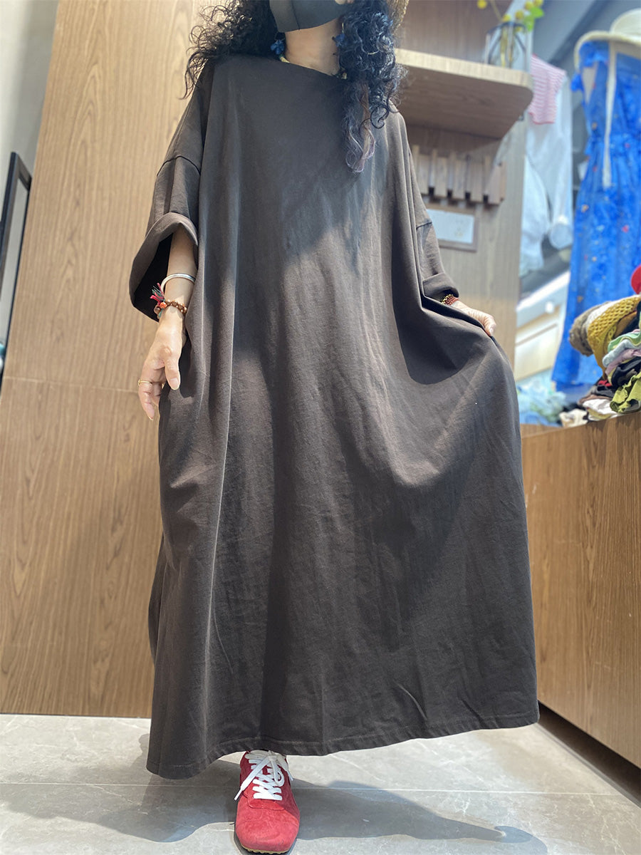 Casual Farbe Reine Frauen Kleid O-Ausschnitt Baumwolle Maxi Sommer