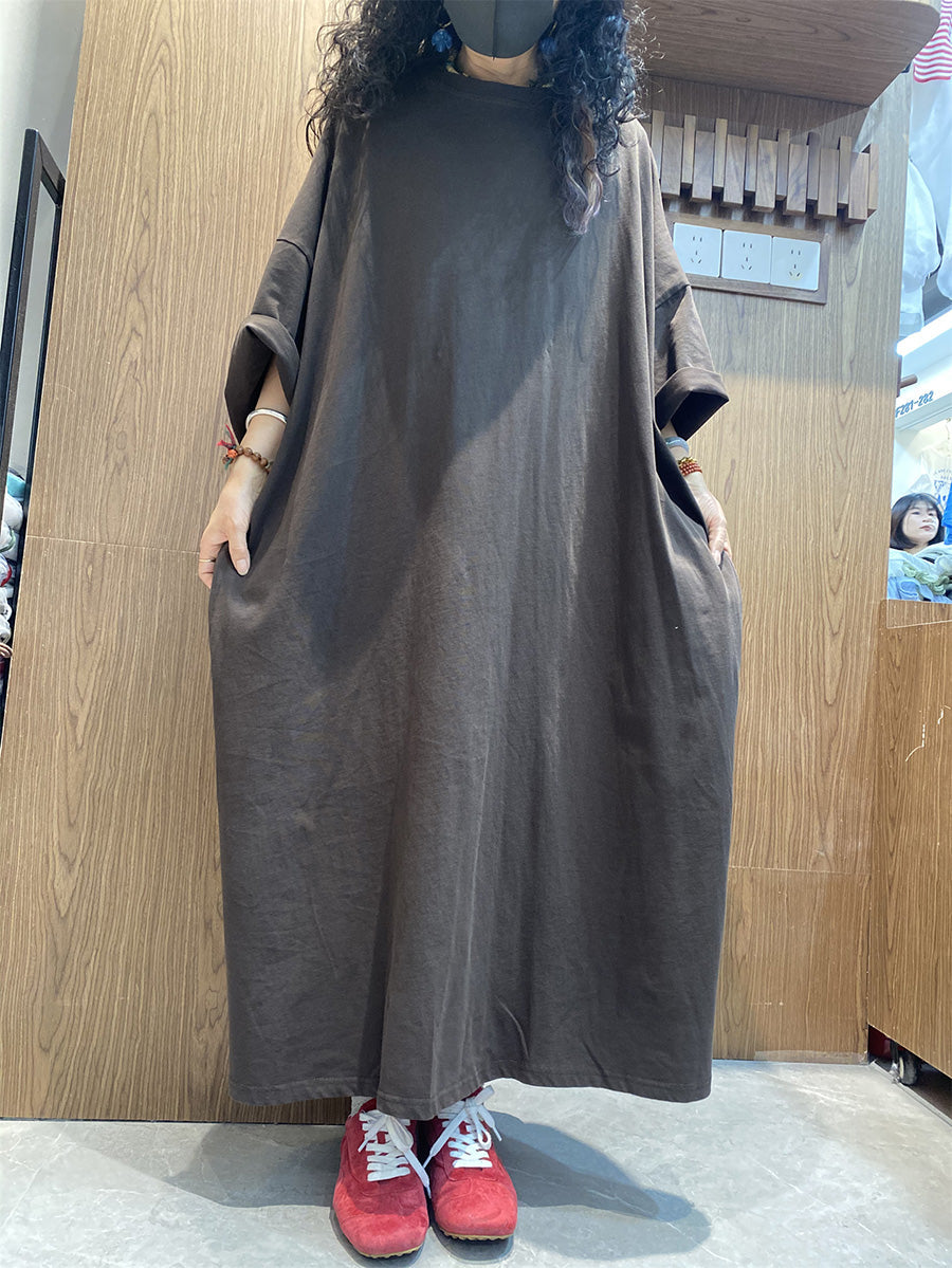 Casual Farbe Reine Frauen Kleid O-Ausschnitt Baumwolle Maxi Sommer