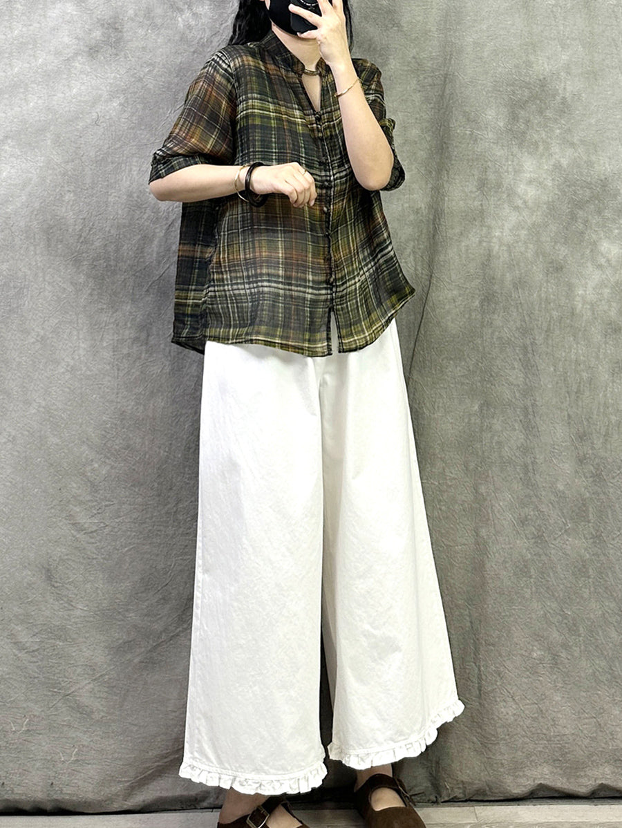 Retro Shirt Damen Sommer V-Ausschnitt Plaid Ramie