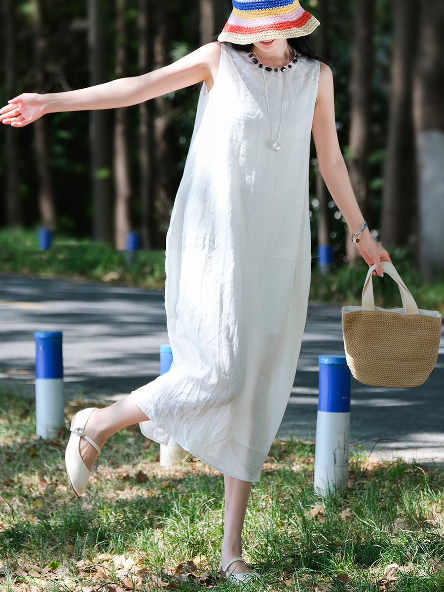 Damen Ärmelloses Sommerkleid aus 100 % Leinen mit Rundhalsausschnitt