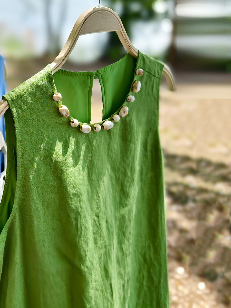 Damen Ärmelloses Sommerkleid aus 100 % Leinen mit Rundhalsausschnitt