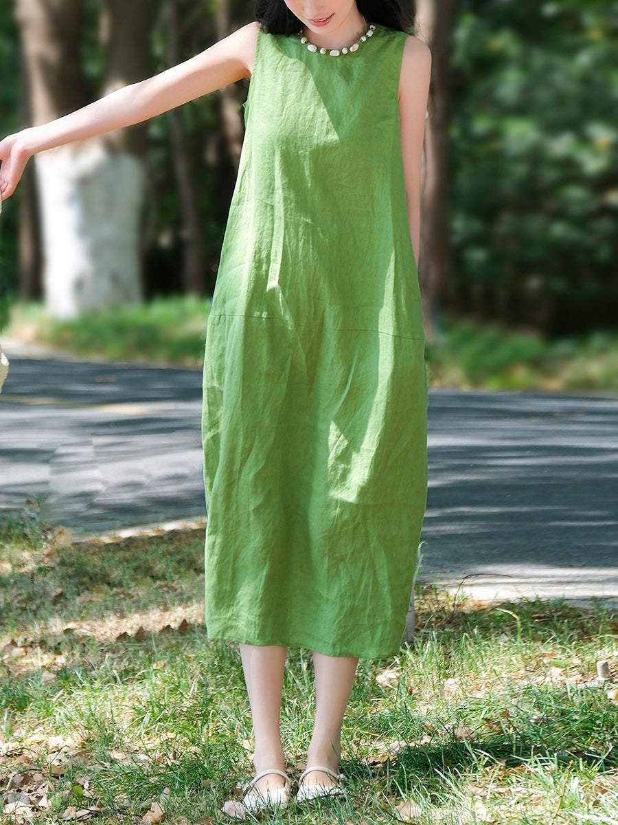 Damen Ärmelloses Sommerkleid aus 100 % Leinen mit Rundhalsausschnitt
