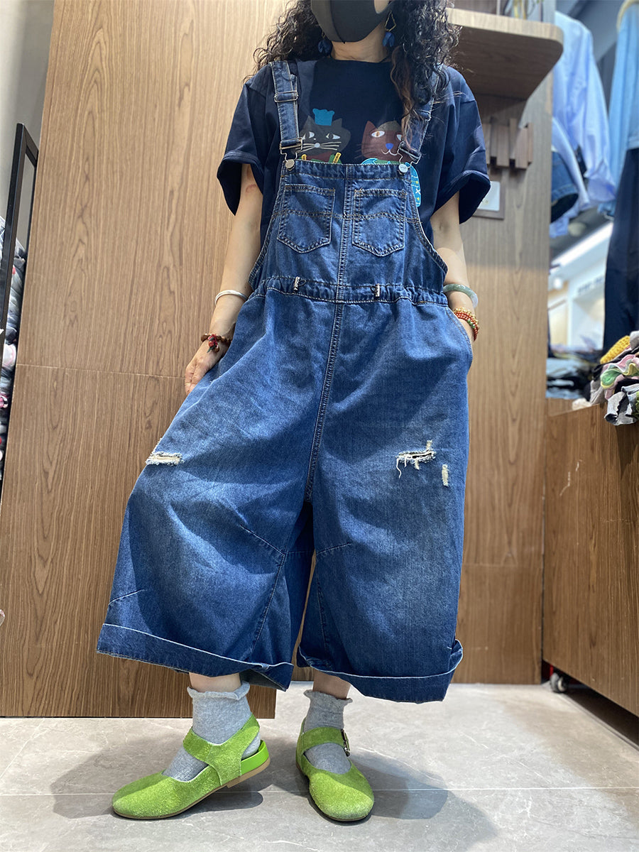 Color Women Retro Summer Jumpsuits Denim Pure Frayed Long