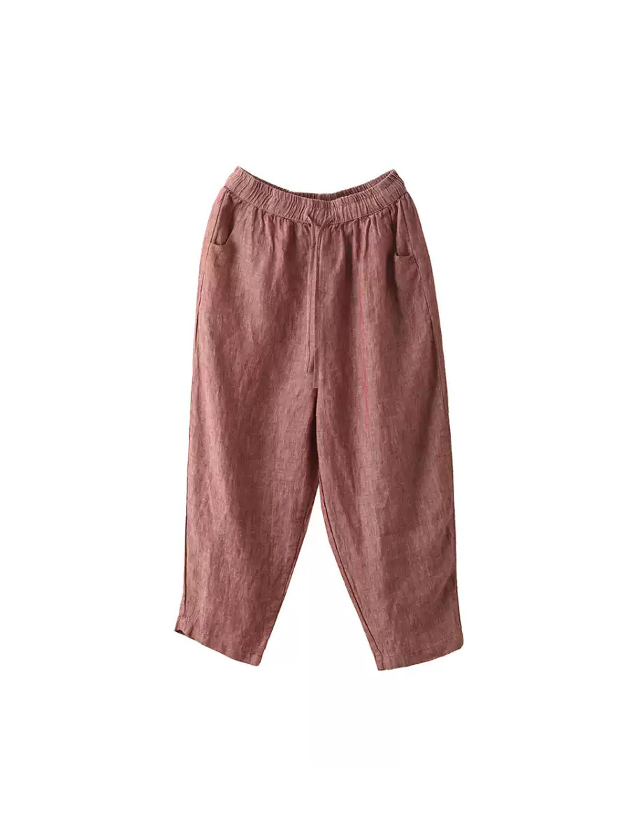 Pantalon d'été rétro pour femme, 100 % lin, couleur pure