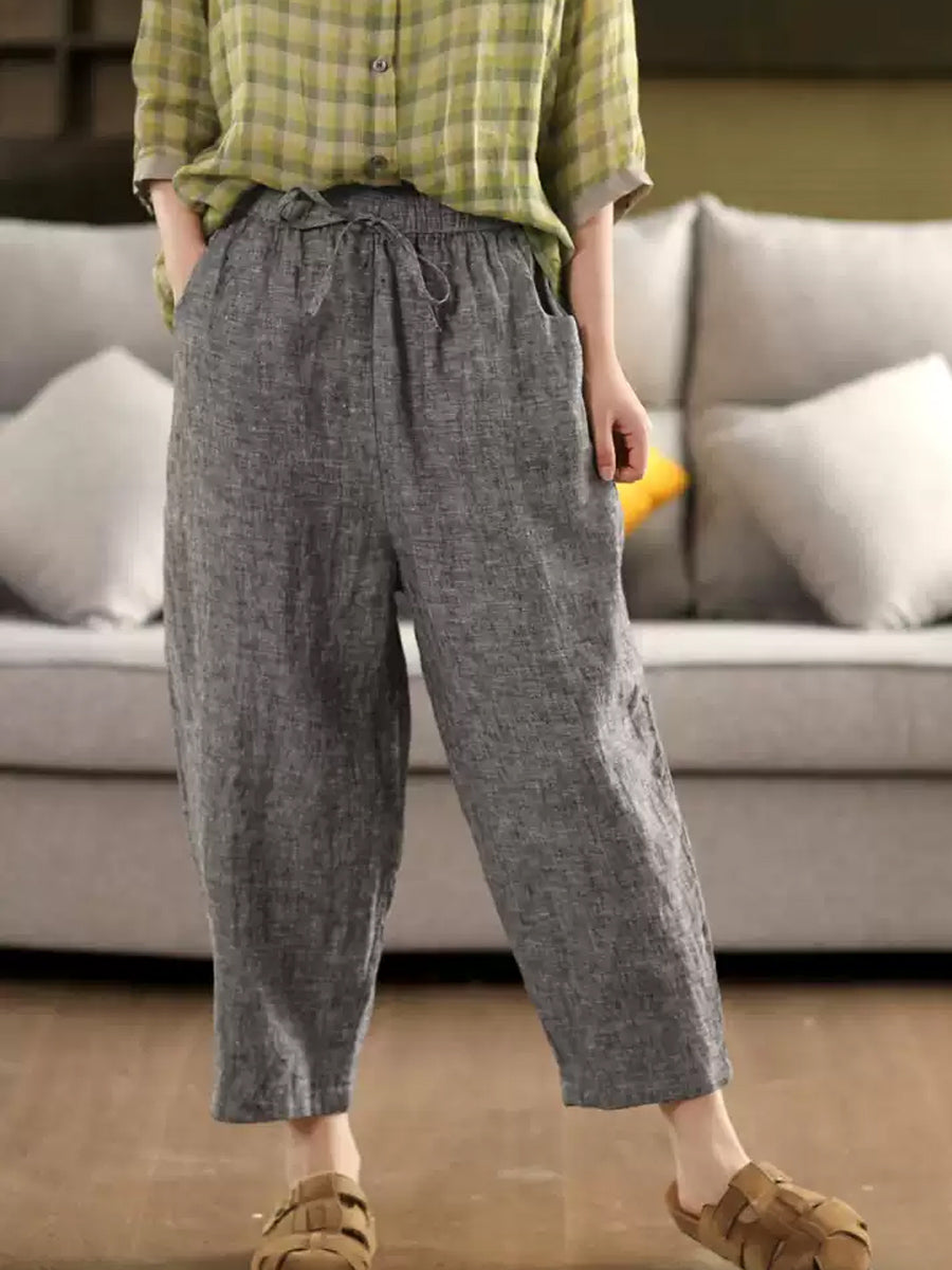Pantalon d'été rétro pour femme, 100 % lin, couleur pure