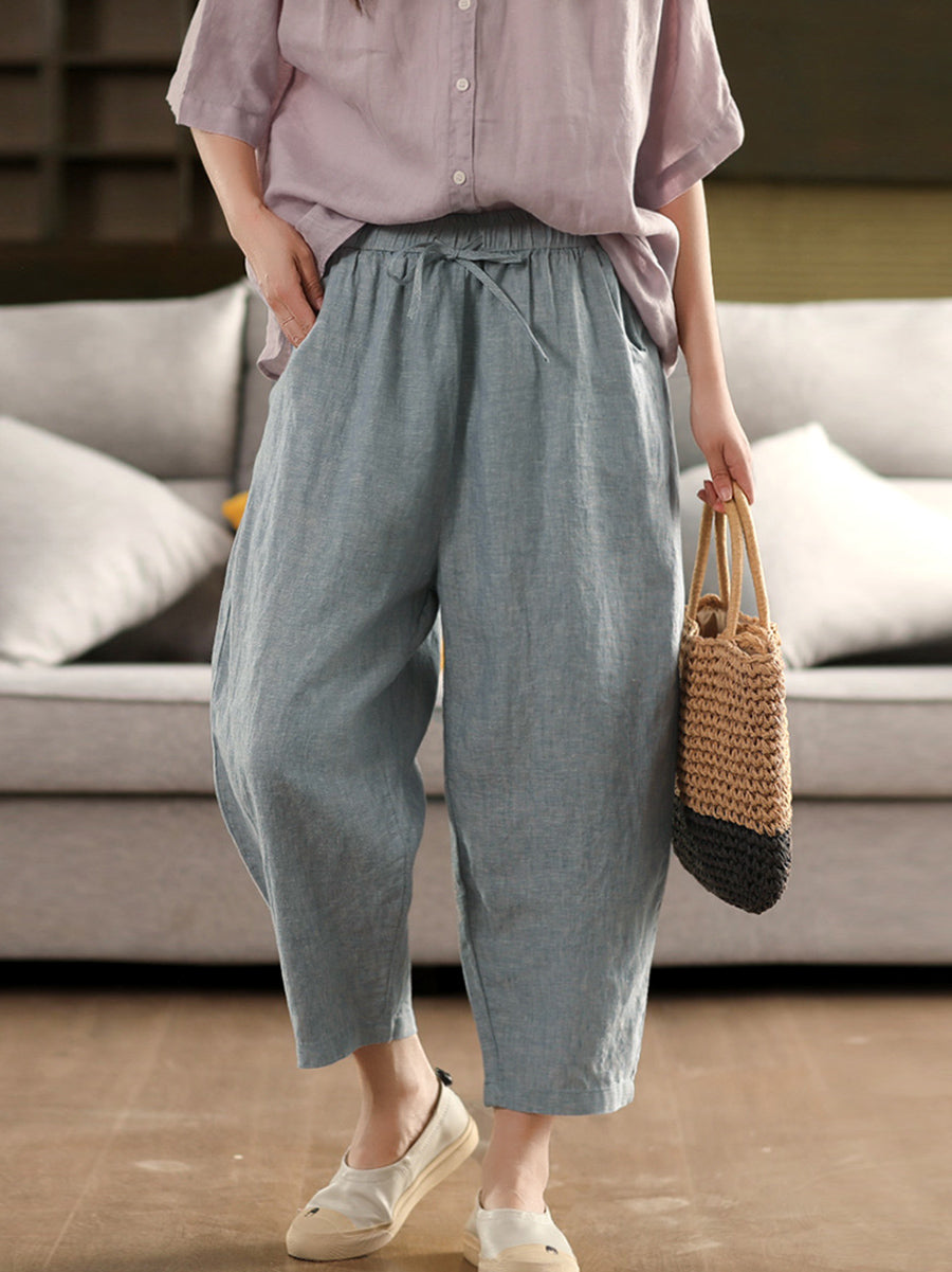 Pantalon d'été rétro pour femme, 100 % lin, couleur pure