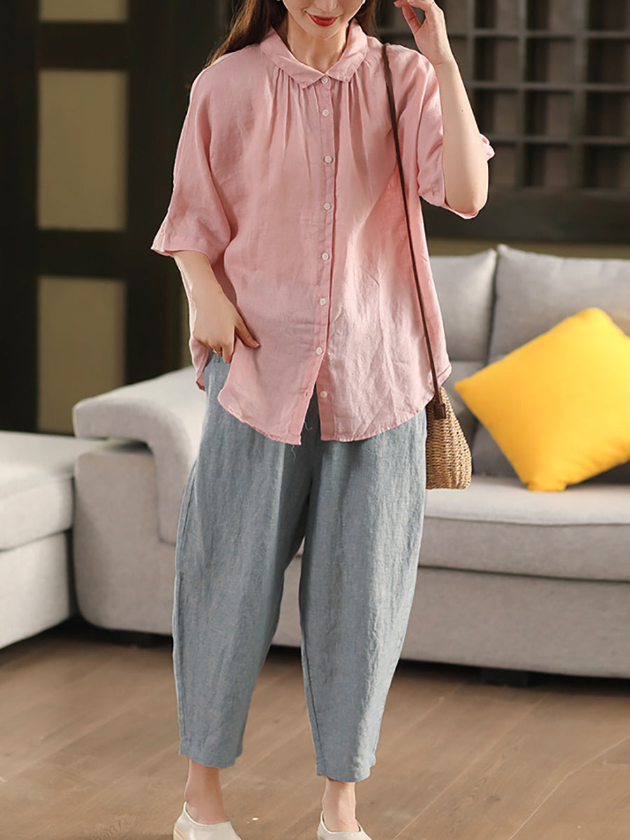 Pantalon d'été rétro pour femme, 100 % lin, couleur pure