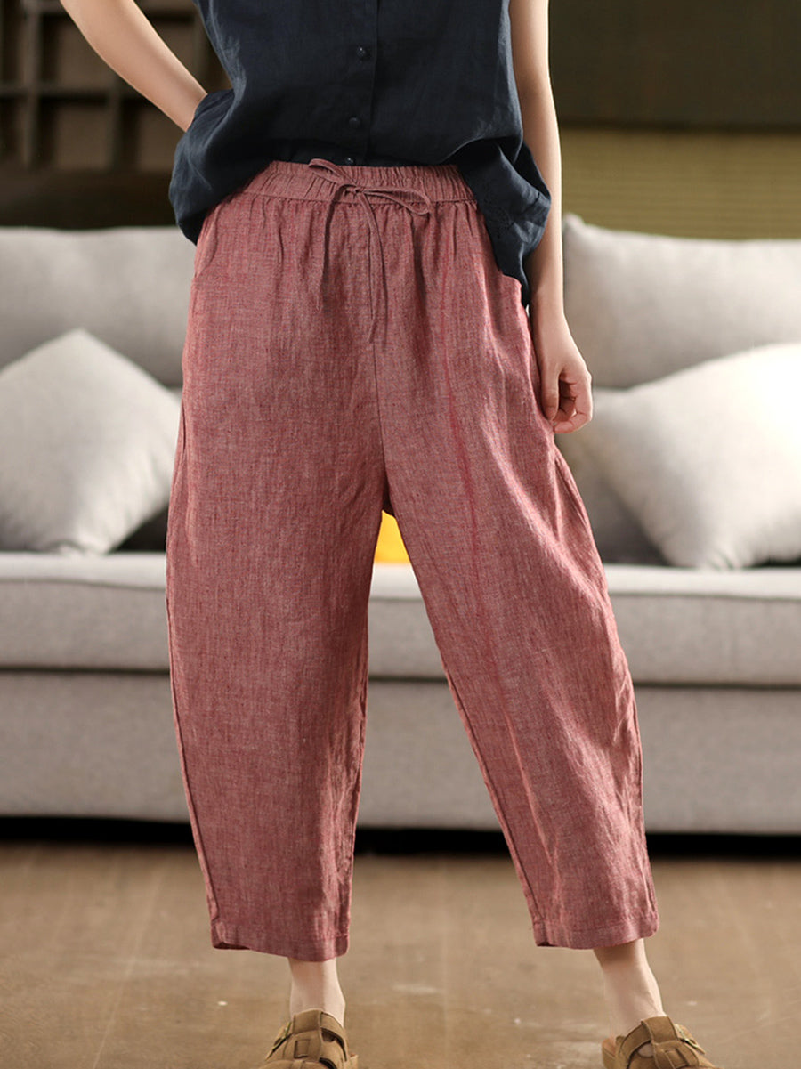 Pantalon d'été rétro pour femme, 100 % lin, couleur pure