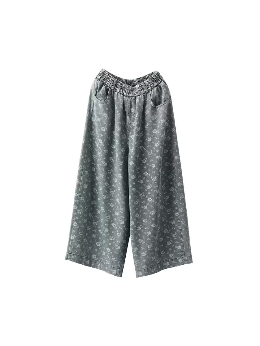 Abgenutzte Denim-Hose mit weitem Bein und Blumenmuster für Damen
