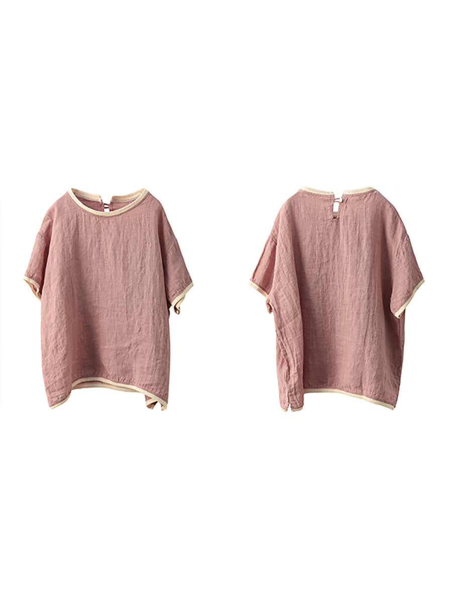 Plaid O-Neck Artsy 100%Hemp Summer Shirt Colorblock Women