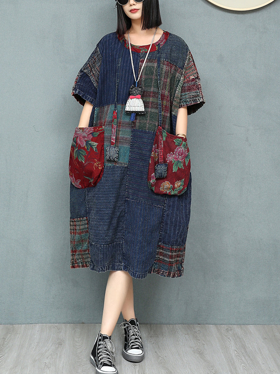Patchwork Baumwolle Damen Sommer Retro O-Ausschnitt Kleid
