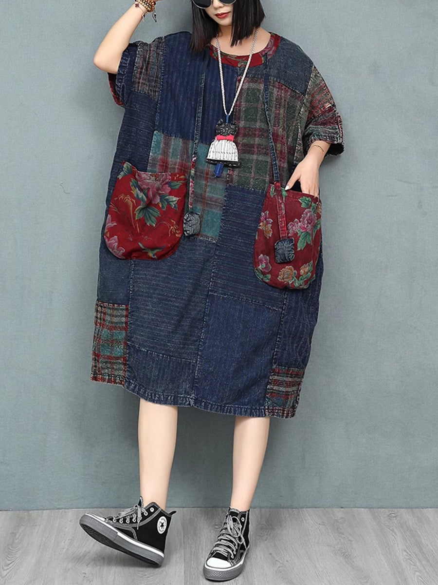Patchwork Baumwolle Damen Sommer Retro O-Ausschnitt Kleid