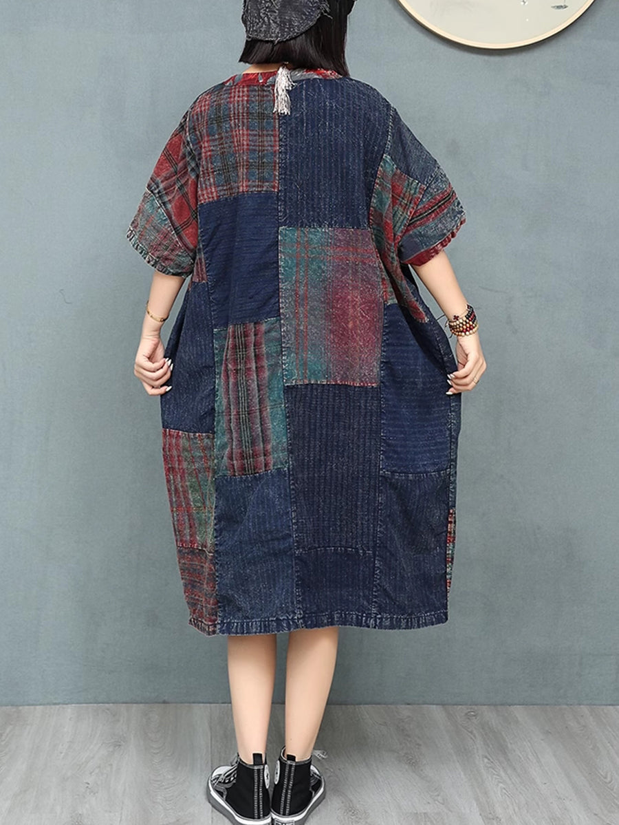 Patchwork Baumwolle Damen Sommer Retro O-Ausschnitt Kleid