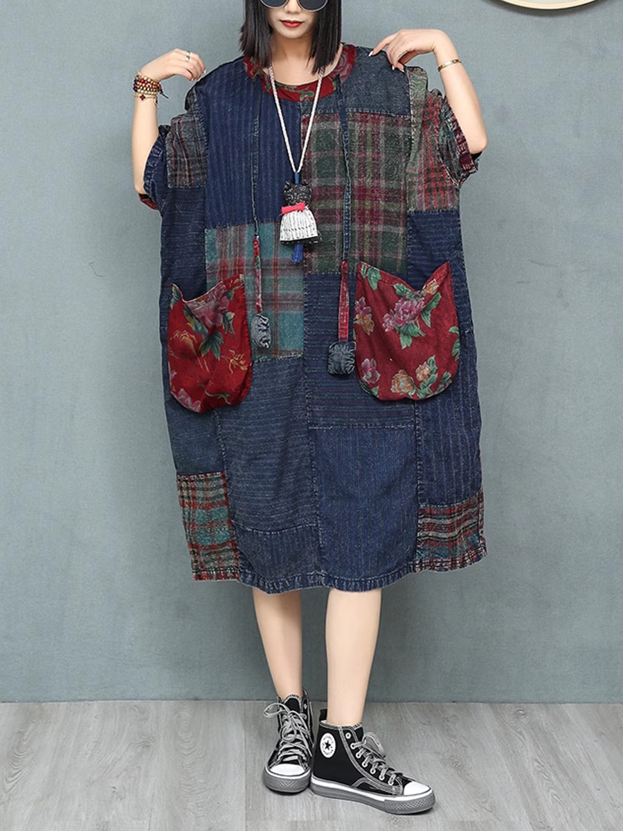 Patchwork Baumwolle Damen Sommer Retro O-Ausschnitt Kleid
