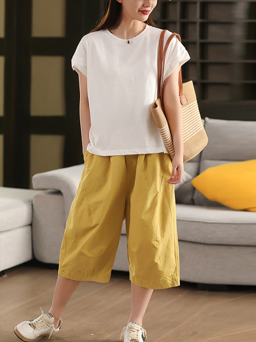 Pantalon court décontracté 100 % coton pour femme, couleur unie
