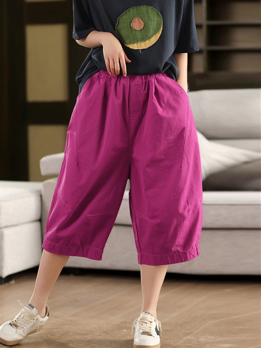 Pantalon court décontracté 100 % coton pour femme, couleur unie