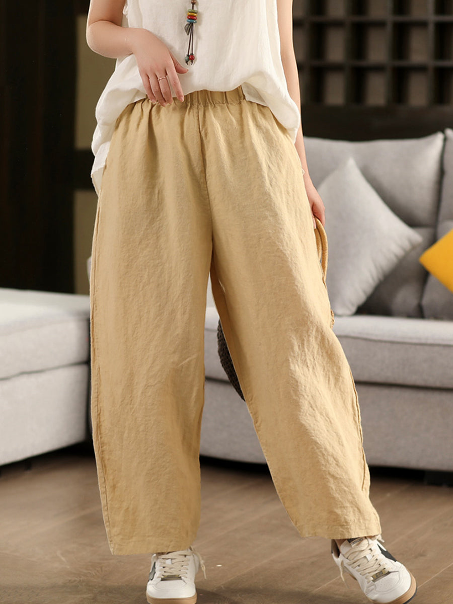 Pantalon 100 % chanvre décontracté pour femme, couleur unie, coupe droite, été