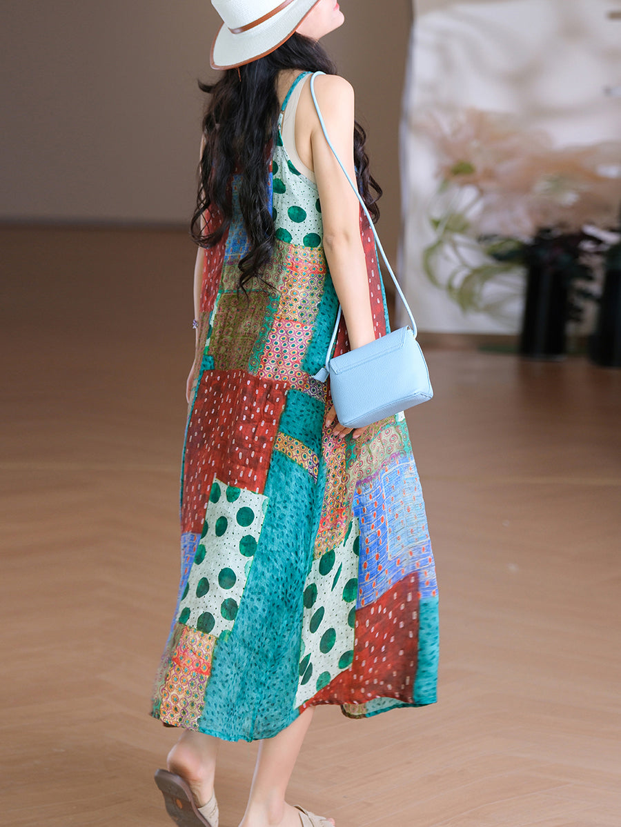 Frauen Weste O-Ausschnitt Artsy Sommerkleid 100% Ramie Blume