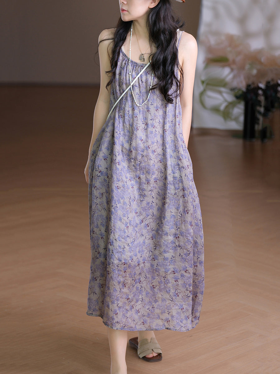 Frauen Weste O-Ausschnitt Artsy Sommerkleid 100% Ramie Blume