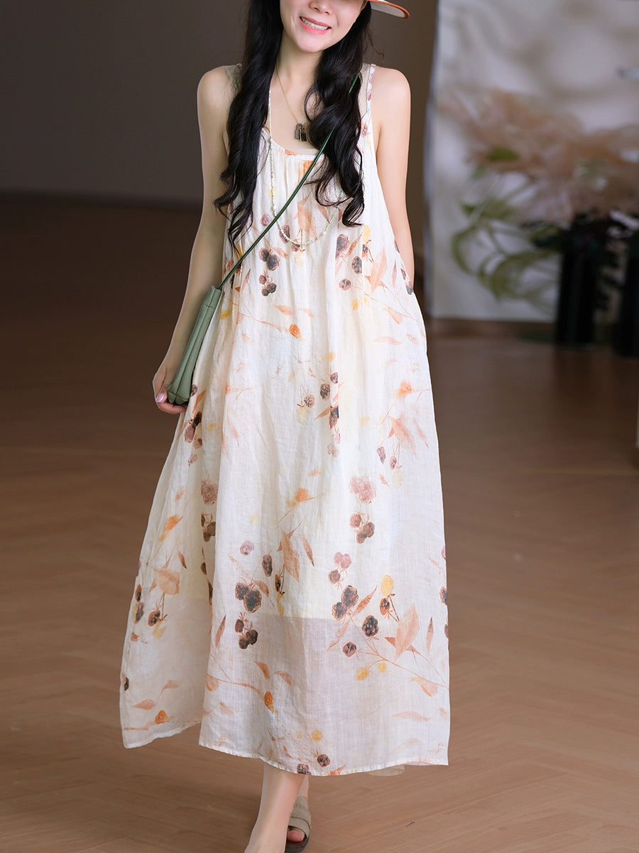 Frauen Weste O-Ausschnitt Artsy Sommerkleid 100% Ramie Blume