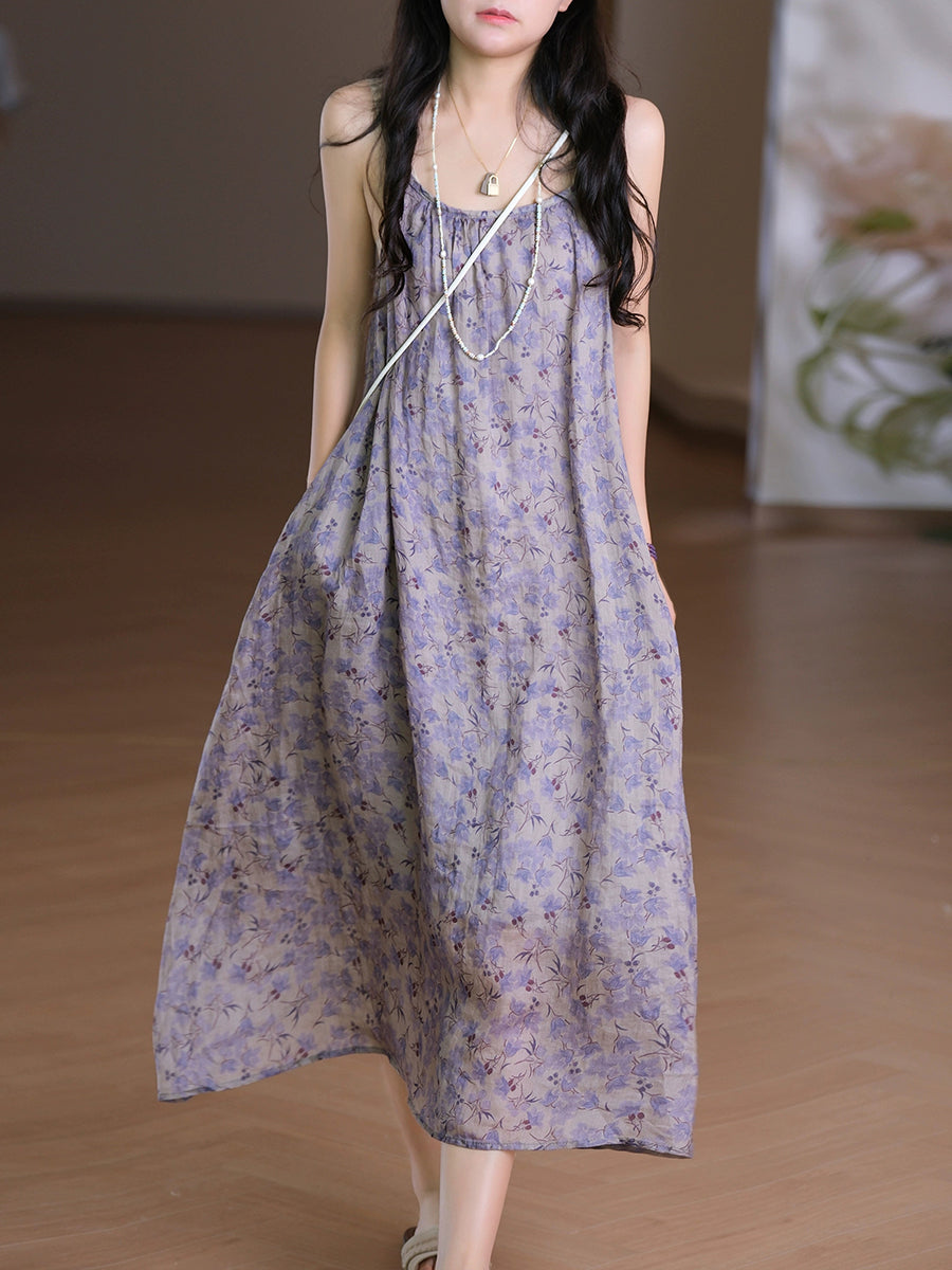 Frauen Weste O-Ausschnitt Artsy Sommerkleid 100% Ramie Blume