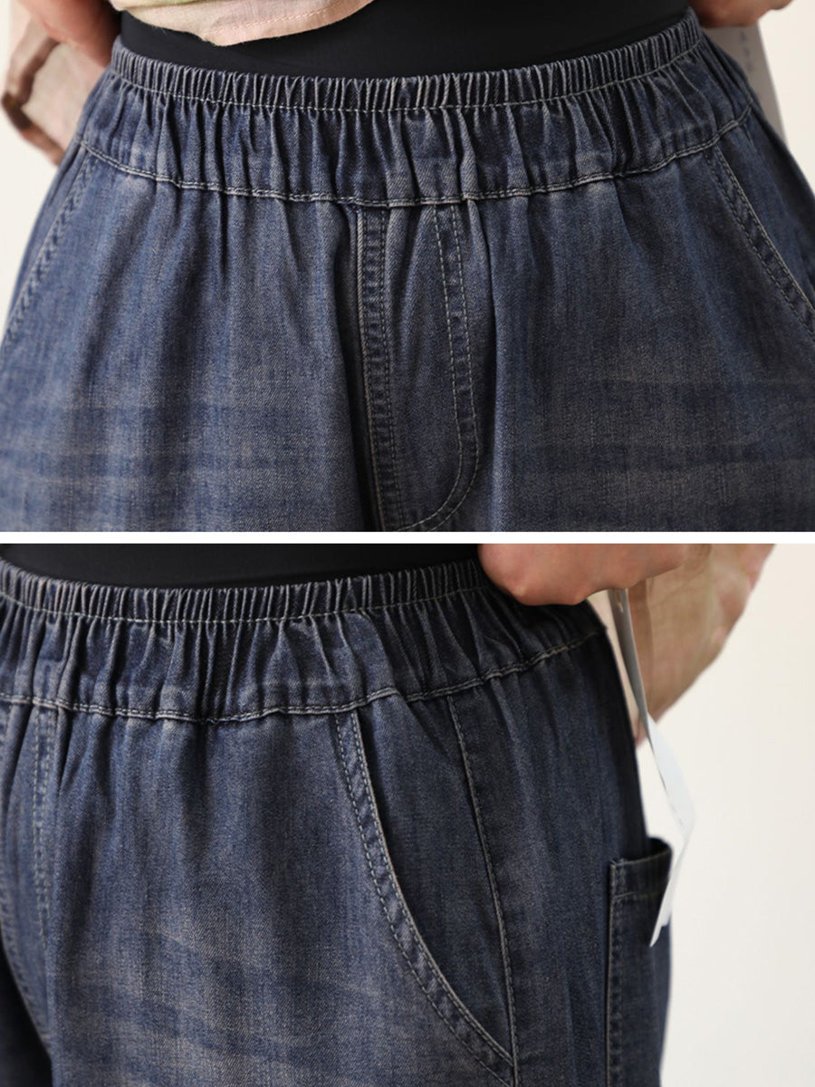 Pantalon sarouel en denim brodé rétro pour femme