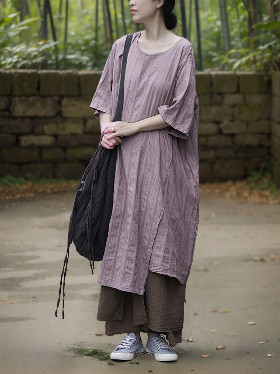 Kleid Damen Sommer O-Ausschnitt Baumwolle Streifen Retro