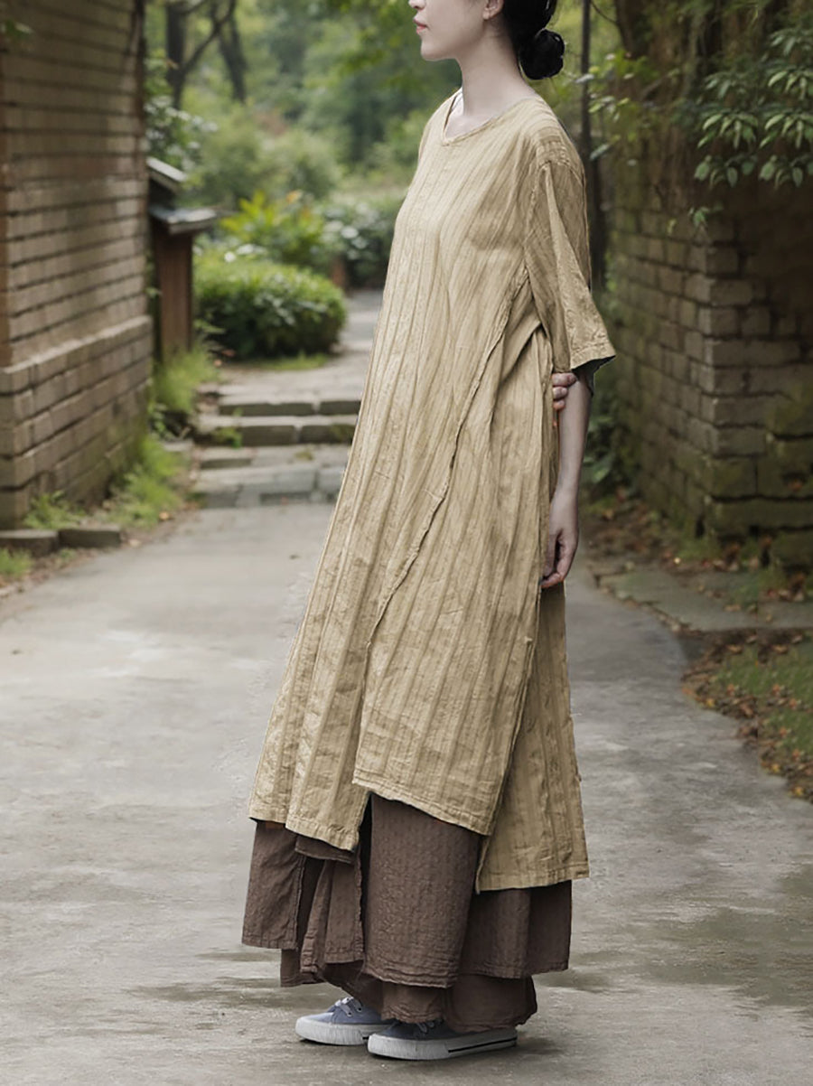 Kleid Damen Sommer O-Ausschnitt Baumwolle Streifen Retro