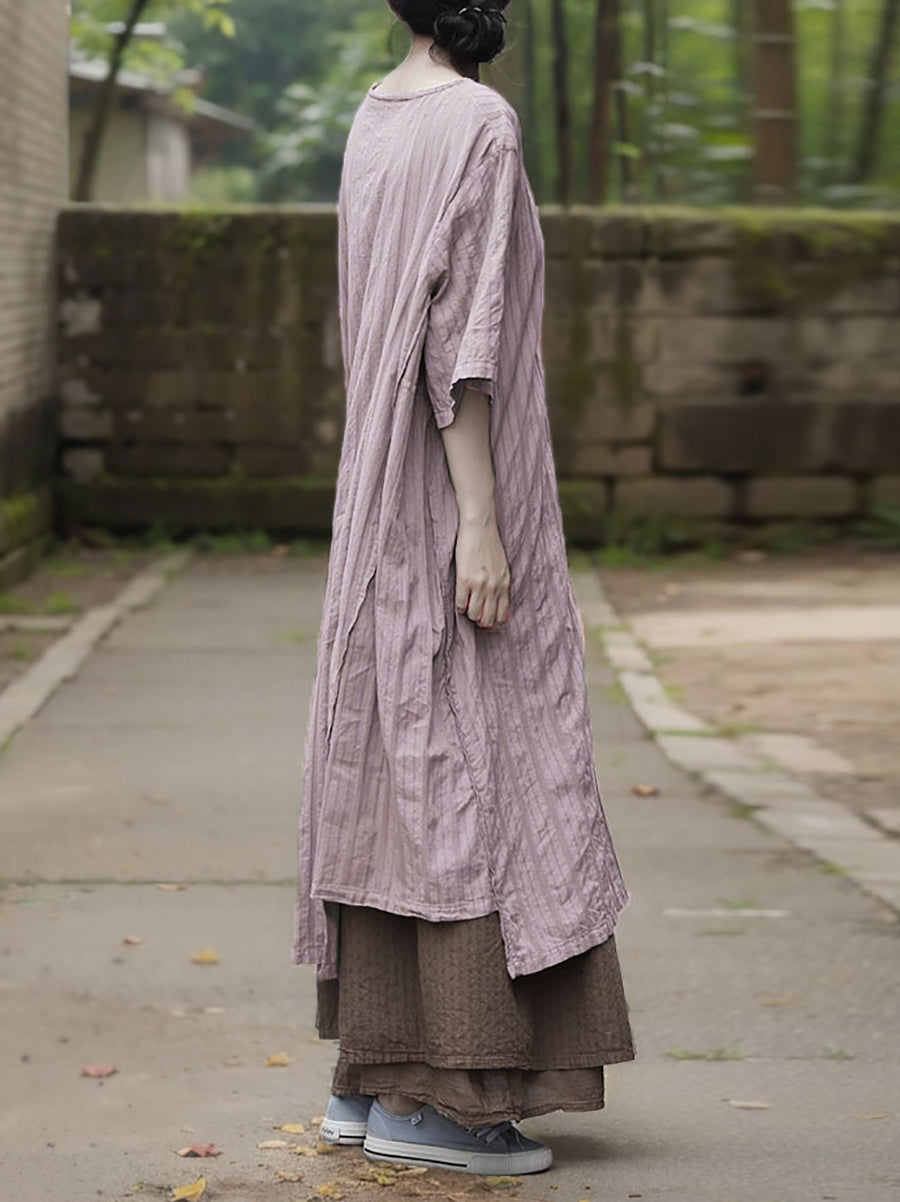Kleid Damen Sommer O-Ausschnitt Baumwolle Streifen Retro