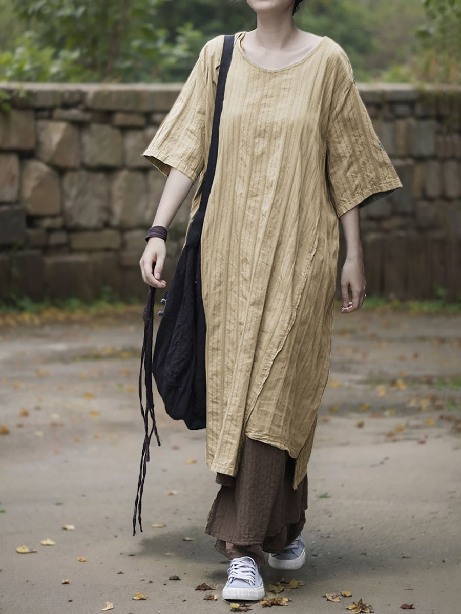 Kleid Damen Sommer O-Ausschnitt Baumwolle Streifen Retro
