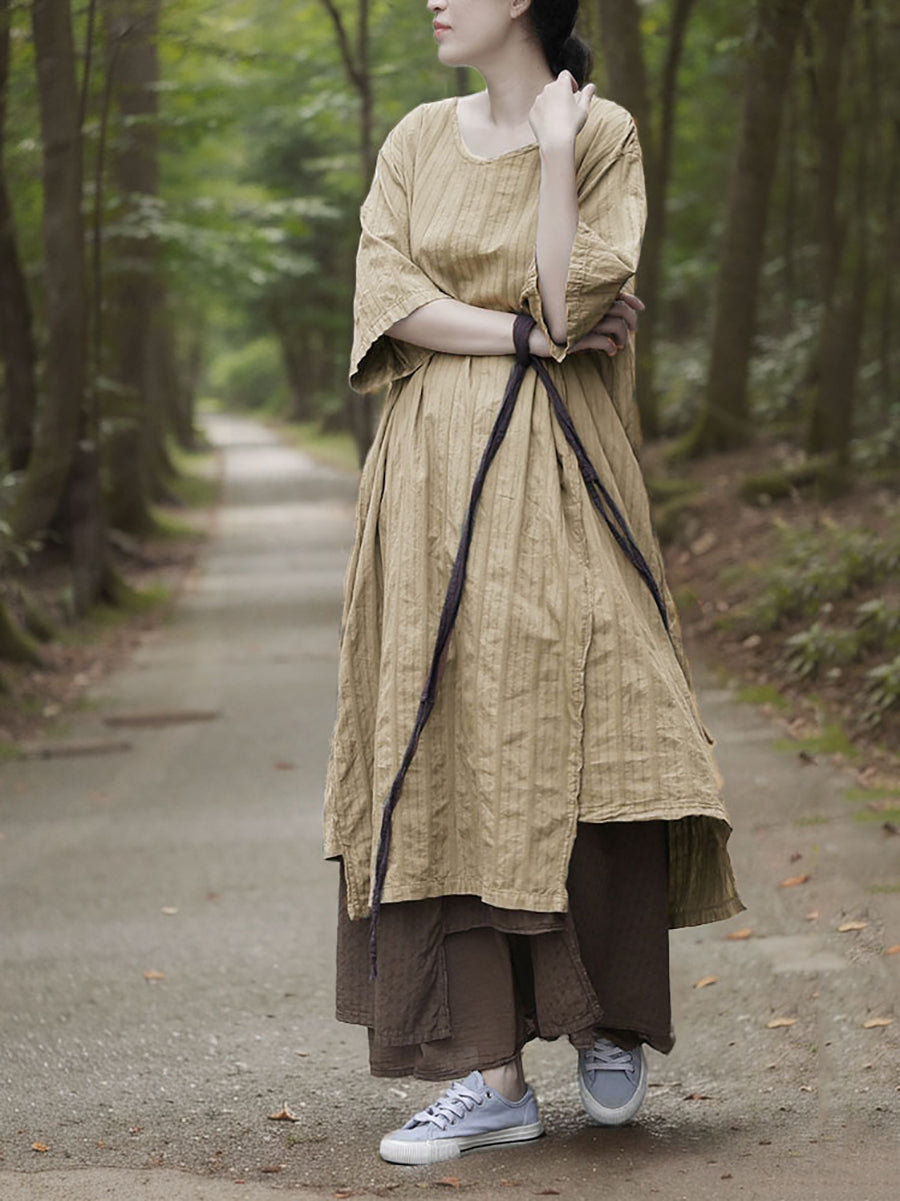 Kleid Damen Sommer O-Ausschnitt Baumwolle Streifen Retro