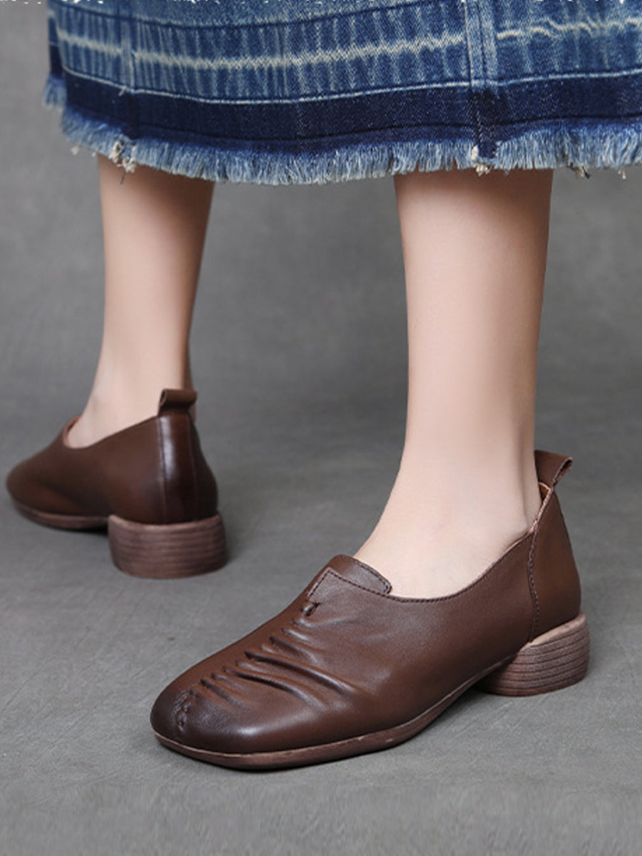Heel Mid Genuine Leather Spliced Shoes Women Vintage