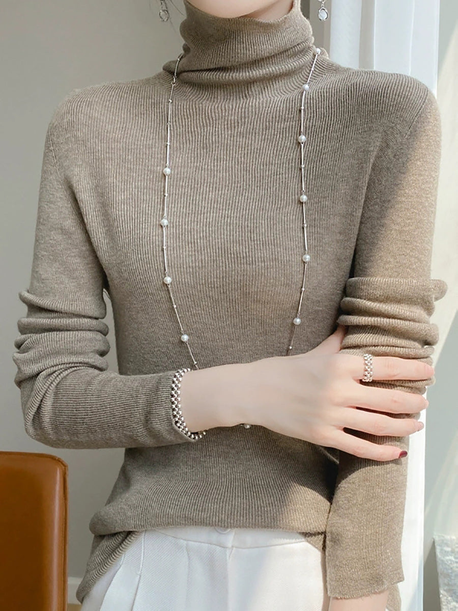 Color Pure Women Casual Sweater Turtleneck Knitted Autumn