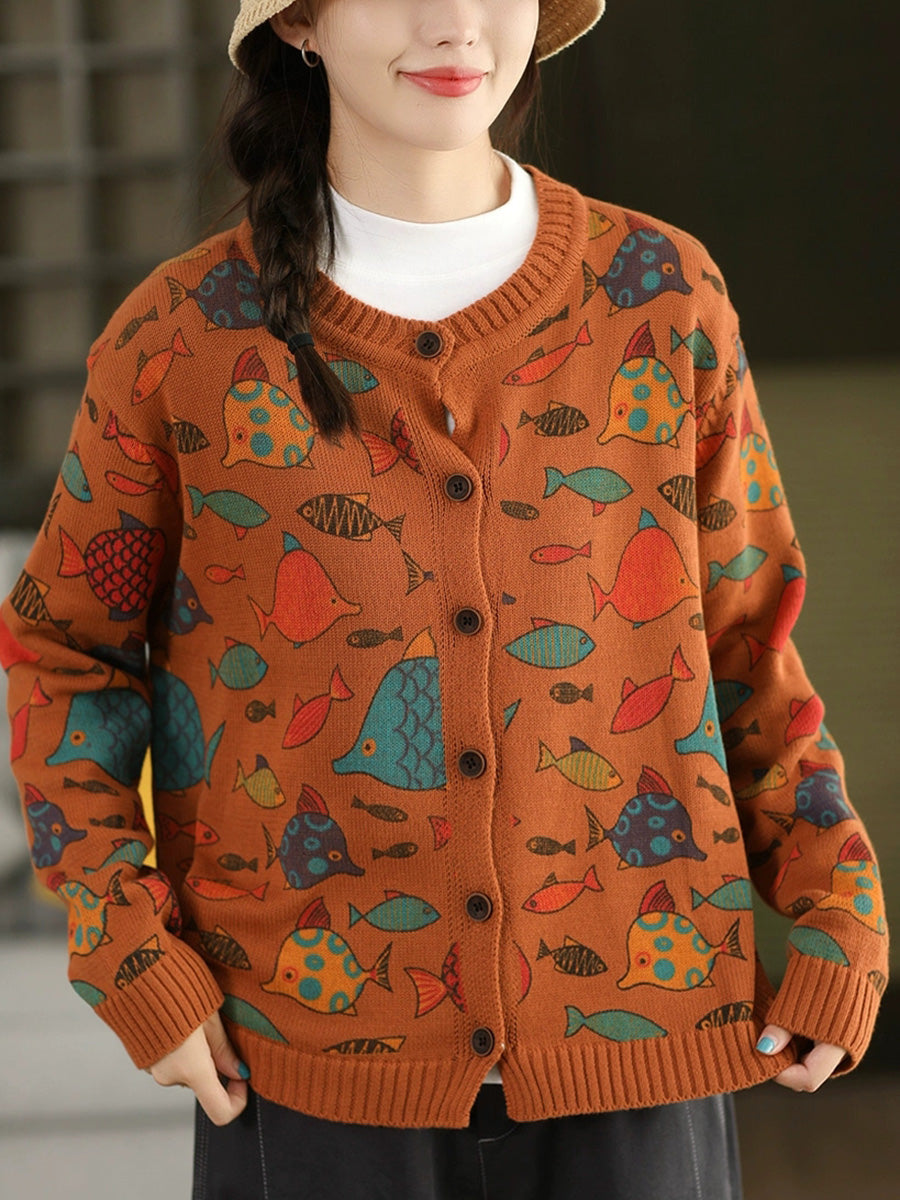 Fish Artsy Autumn O-Neck Sweater Cartoon Women
