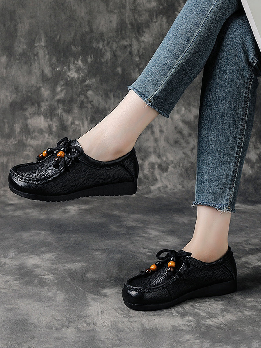 Leather Shoes Heel Women Soft Vintage Low