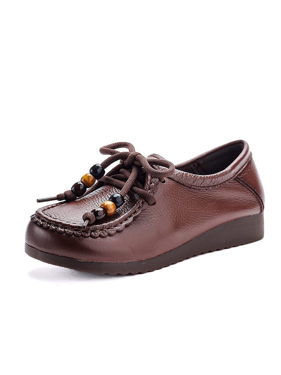 Leather Shoes Heel Women Soft Vintage Low