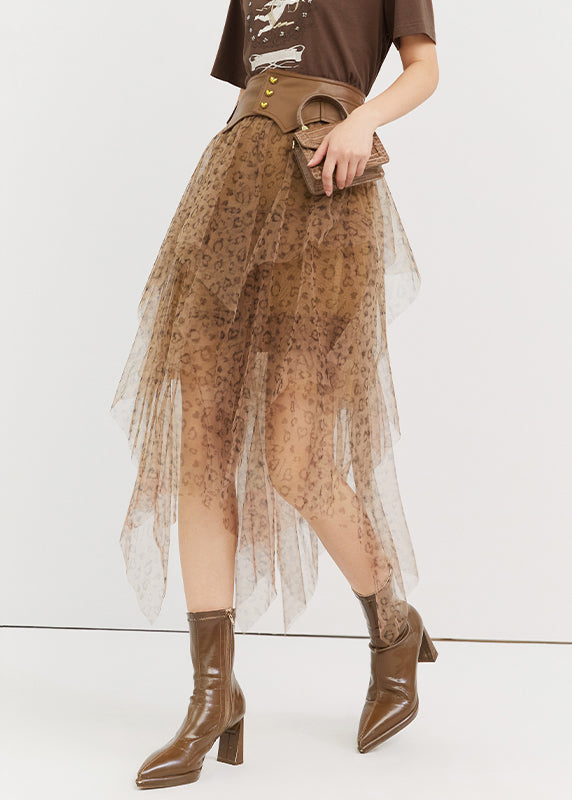 Jupe en tulle taille haute asymétrique à imprimé léopard chic pour l'été QP059