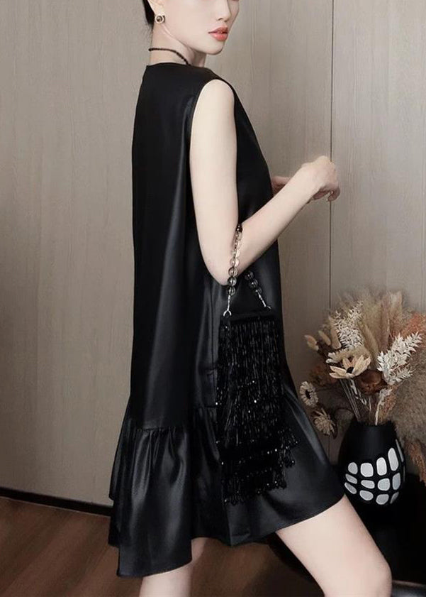 Nouvelle robe noire mi-longue en soie unie à col en V sans manches QP033