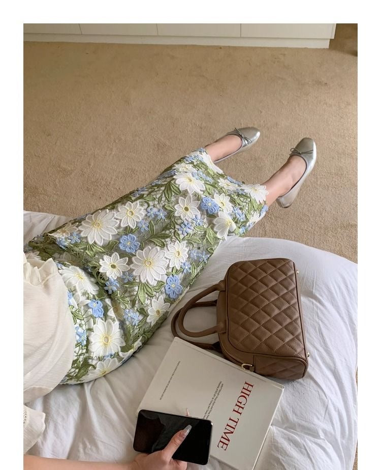 Straight Floral Green Elegant Skirt Embroidery