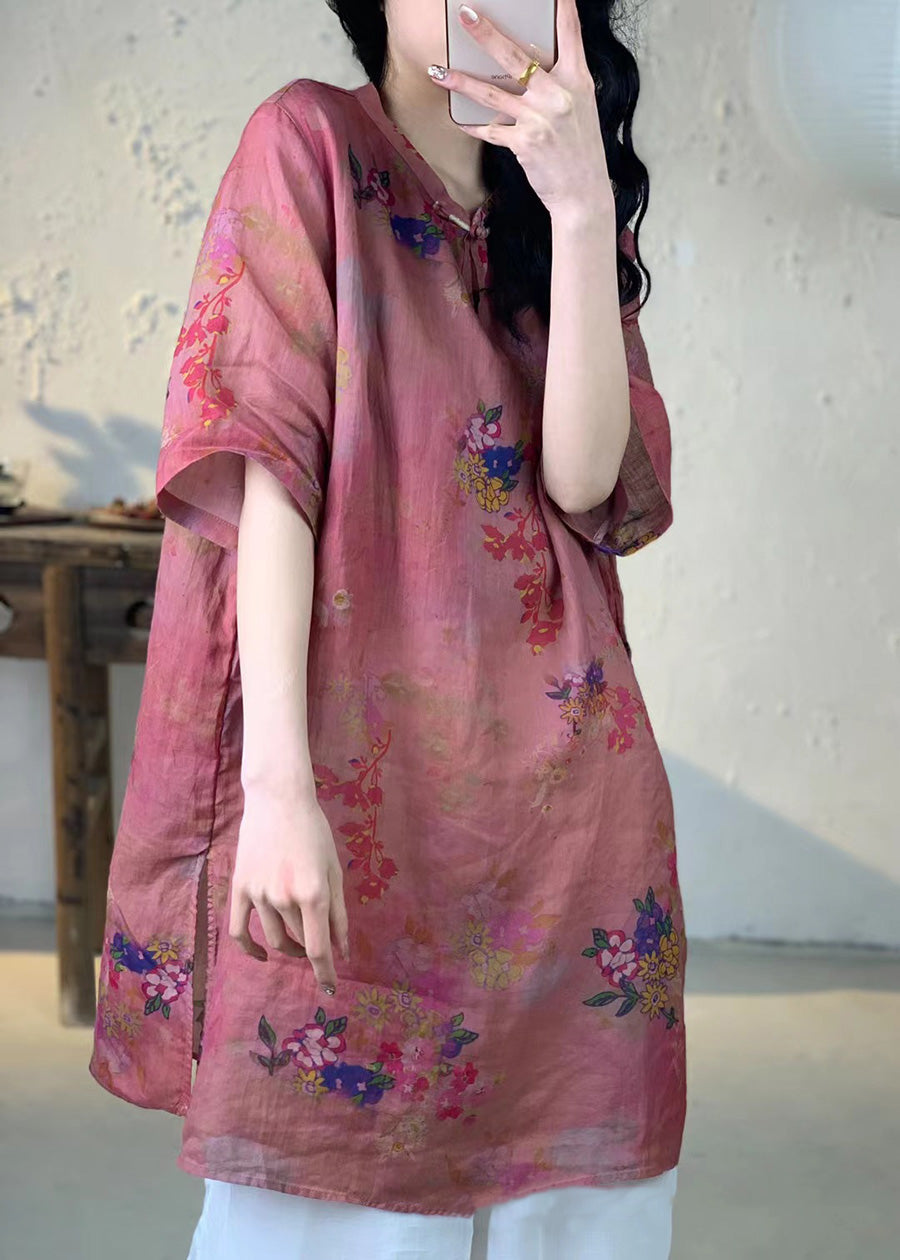 Frauen Sommer Vintage Blume Lange Ramie Shirt PA1013