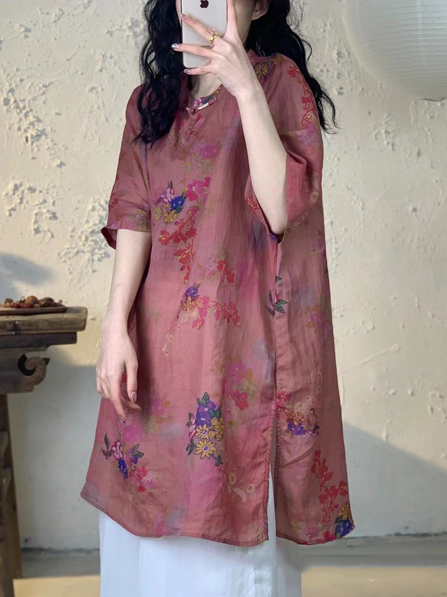 Frauen Sommer Vintage Blume Lange Ramie Shirt PA1013