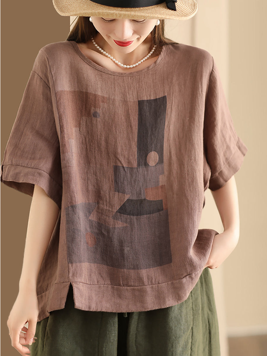 Women Casual Summer Print O-Neck Linen Shirt WE1028