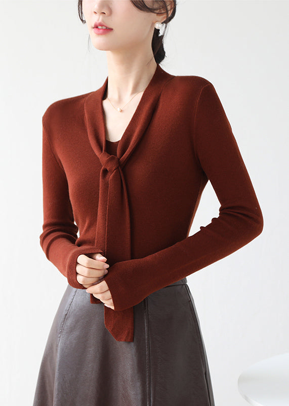 Pull en maille marron fin à col en V et lacets, automne-hiver RV030
