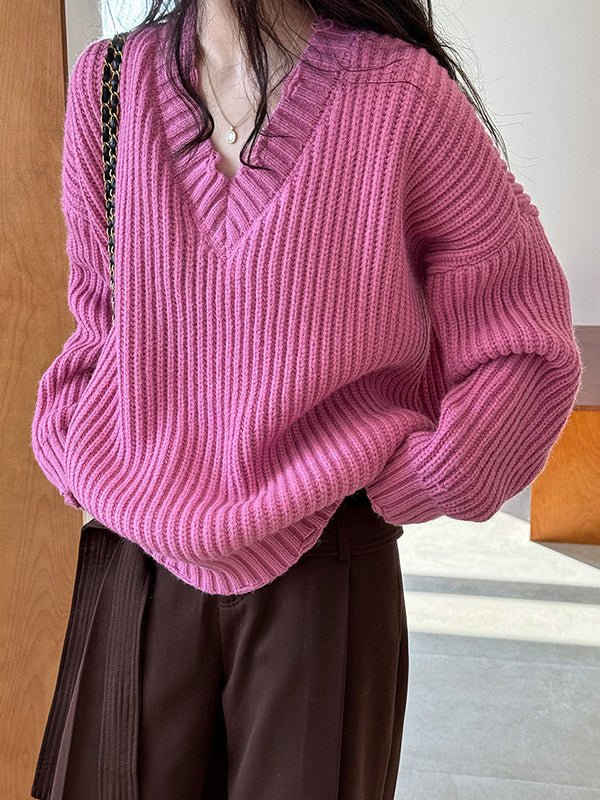 Pull en tricot à manches longues et col en V Urban Fuchsia AN1046