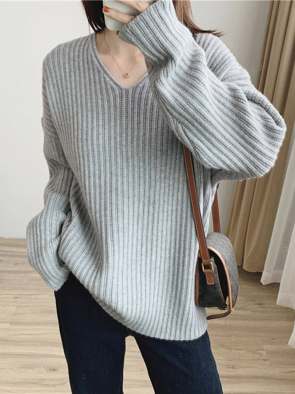 Vintage Karamell V-Ausschnitt Langarm Gestreifter Strickpullover QX001