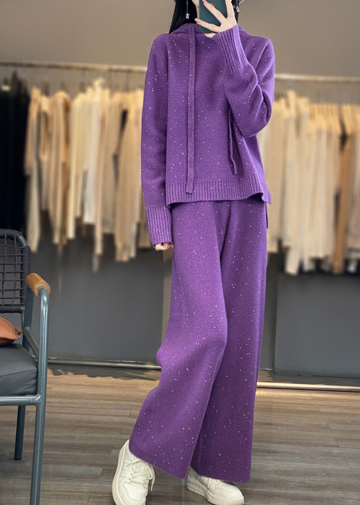 Ensemble deux pièces en laine bio noir avec pull à capuche et pantalon, automne WV018