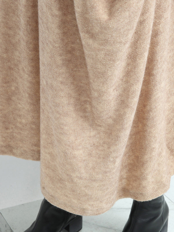 Lässiges, lockeres, cremefarbenes Strickkleid mit Kragen und Taschen, lange Ärmel, AN1074